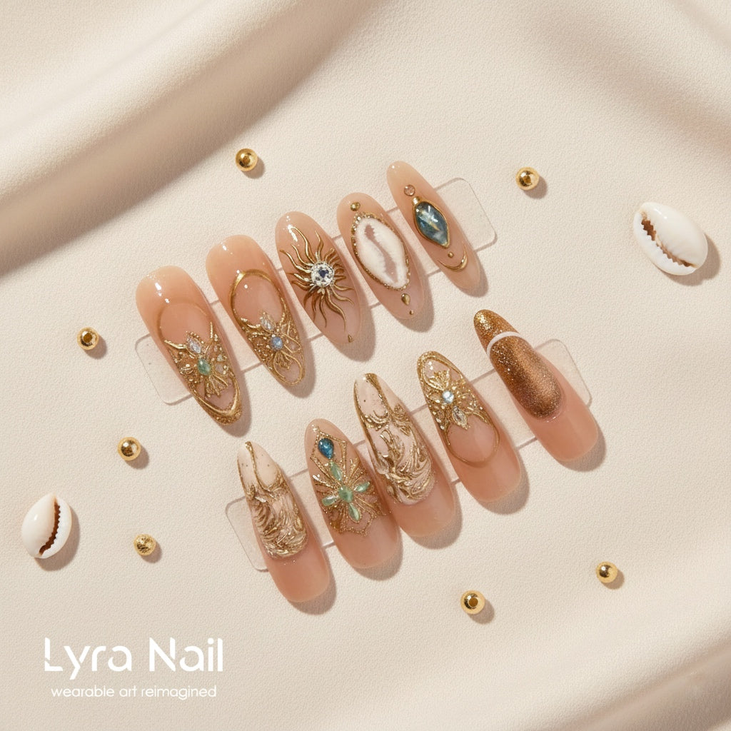 [MARKONE-003]Exotic Dubai Middle Eastern Style Egyptian Temple Sun God Coco De Mer Handmade Luxury Press On Nails