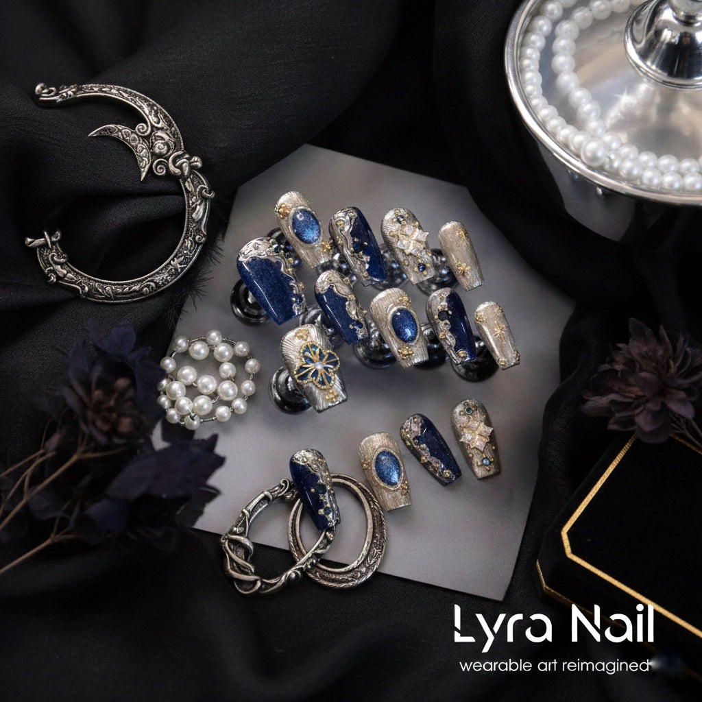 [MARKONE-004]Deep Sapphire Eyes Luxury Champagne Brushed Texture Gem Inlaid Handmade Press On Nails