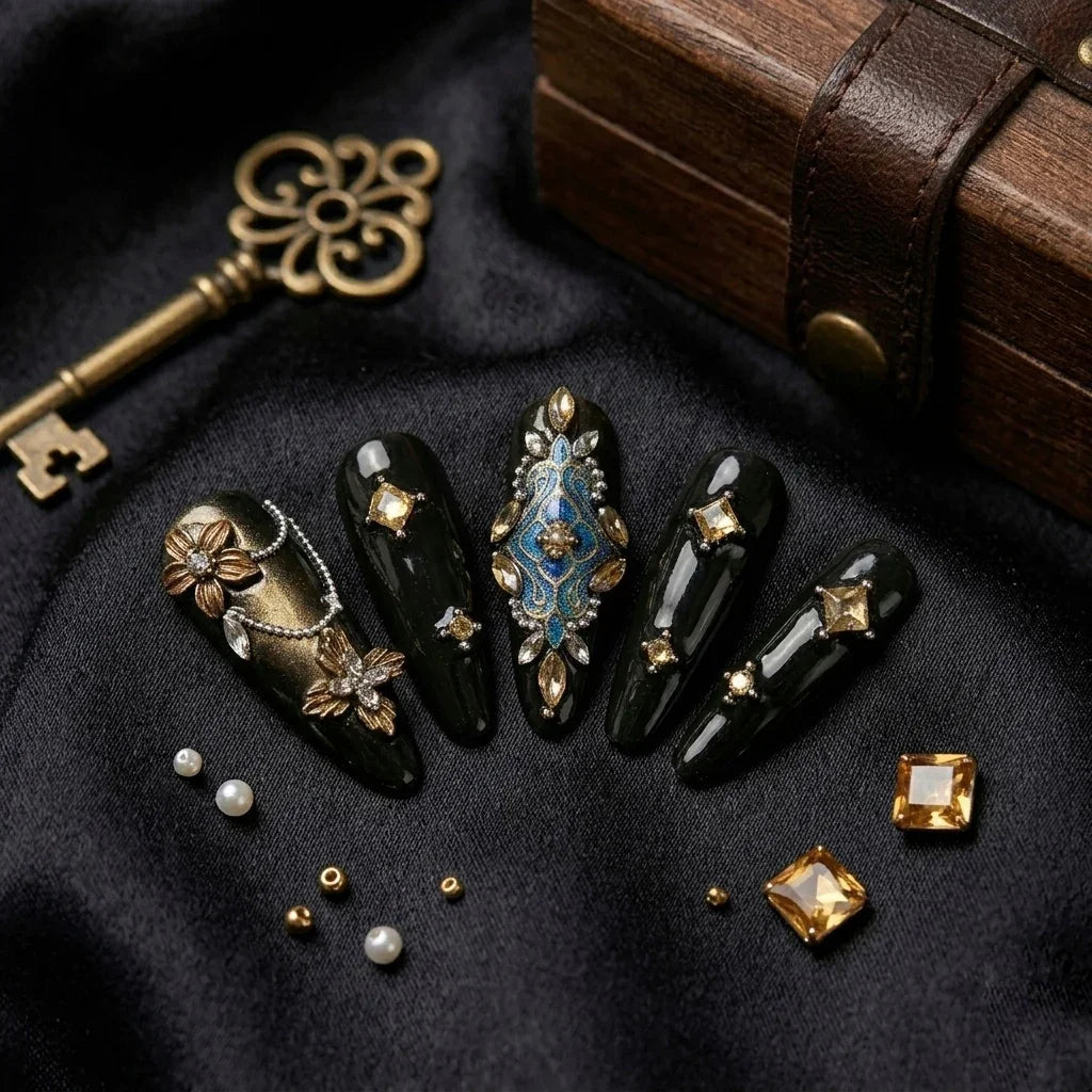 [AC-006]Jeweler's Heiress | Artisan Handmade Press On Nails | Medieval Royal Blue & Gold Filigree with Gemstone Clusters | Salon Quality, 7-10 Day Shipping