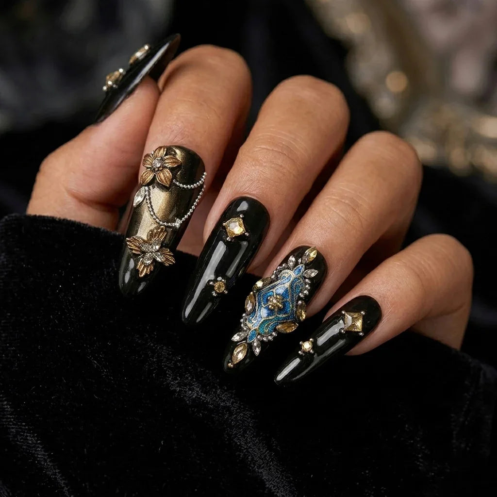 [AC-006]Jeweler's Heiress | Artisan Handmade Press On Nails | Medieval Royal Blue & Gold Filigree with Gemstone Clusters | Salon Quality, 7-10 Day Shipping