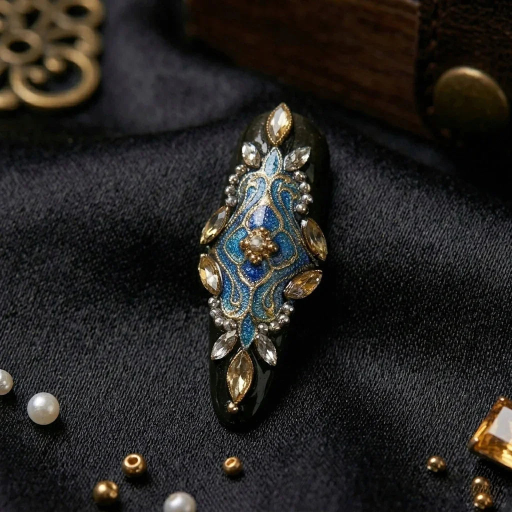 [AC-006]Jeweler's Heiress | Artisan Handmade Press On Nails | Medieval Royal Blue & Gold Filigree with Gemstone Clusters | Salon Quality, 7-10 Day Shipping