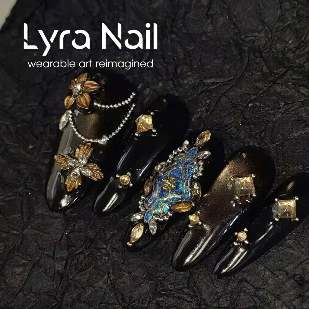 [AC-006]Jeweler's Heiress | Artisan Handmade Press On Nails | Medieval Royal Blue & Gold Filigree with Gemstone Clusters | Salon Quality, 7-10 Day Shipping