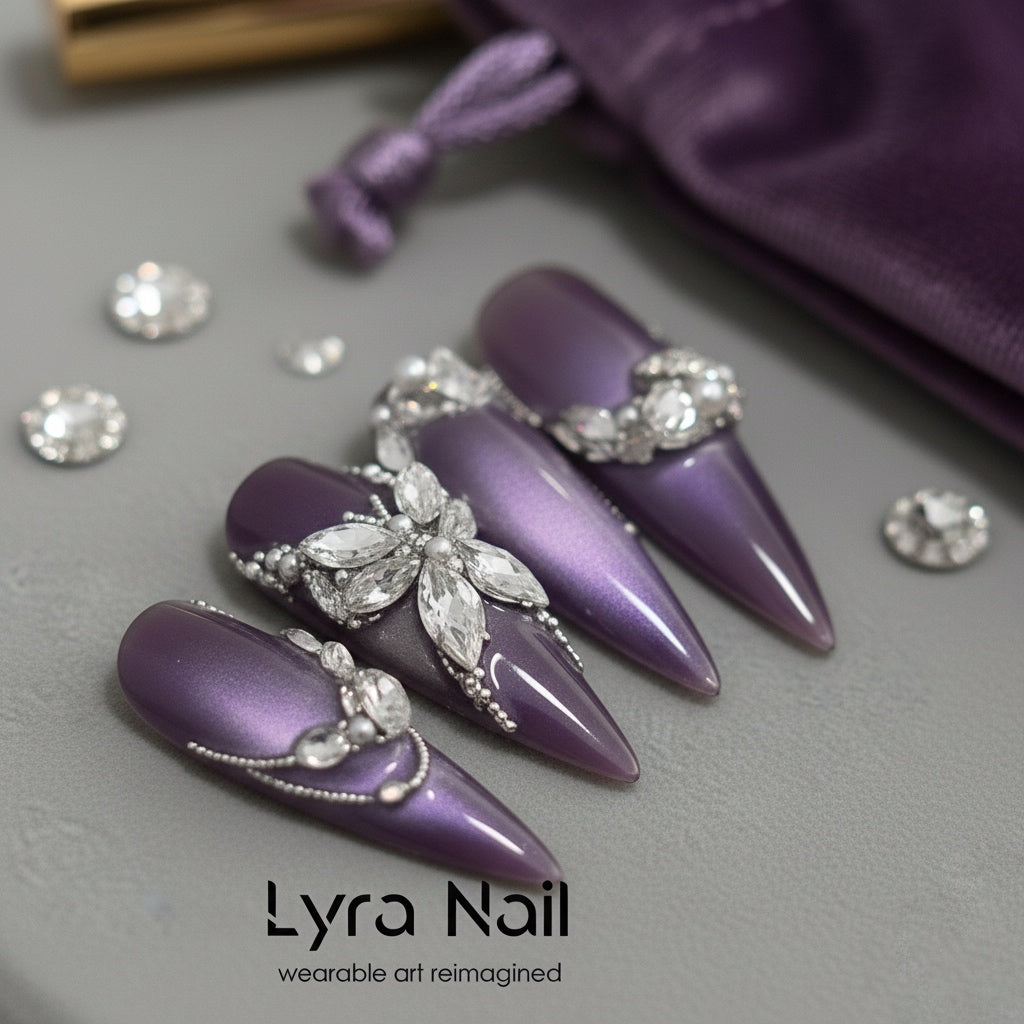 [MARKONE-006]Midnight Noble Banquet|Dark Bling Black Purple Cat Eye Wearable Nails | Handmade Rhinestone & Silver Butterfly, Luxury Jewel-Inspired False Nails
