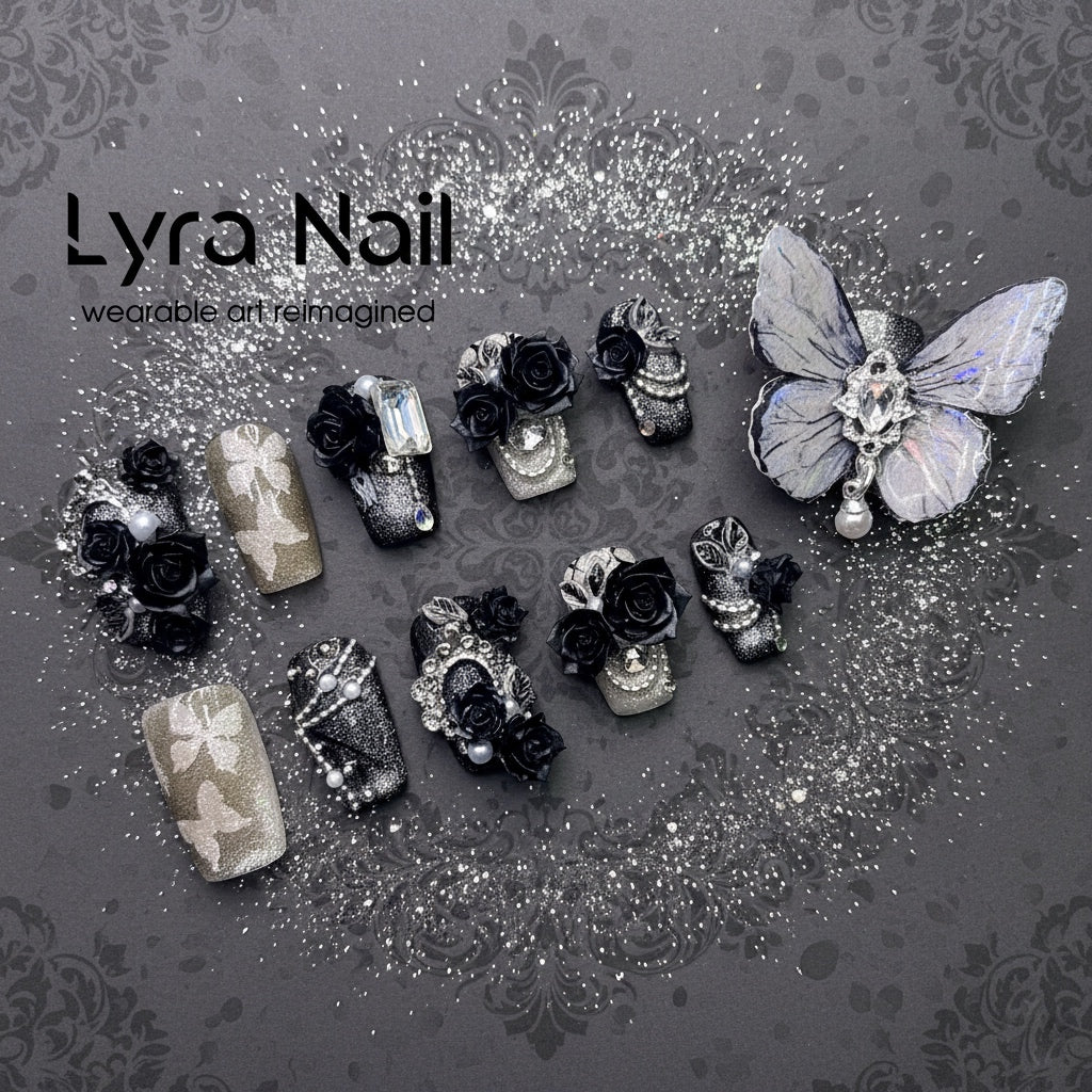[FF-0001]Black Gray Ombre Cat Eye Butterfly Press On Nails, Short Almond & Coffin Gothic Dark Style