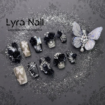 [VC-006]Black Gray Ombre Cat Eye Butterfly Press On Nails, Short Almond & Coffin Gothic Dark Style