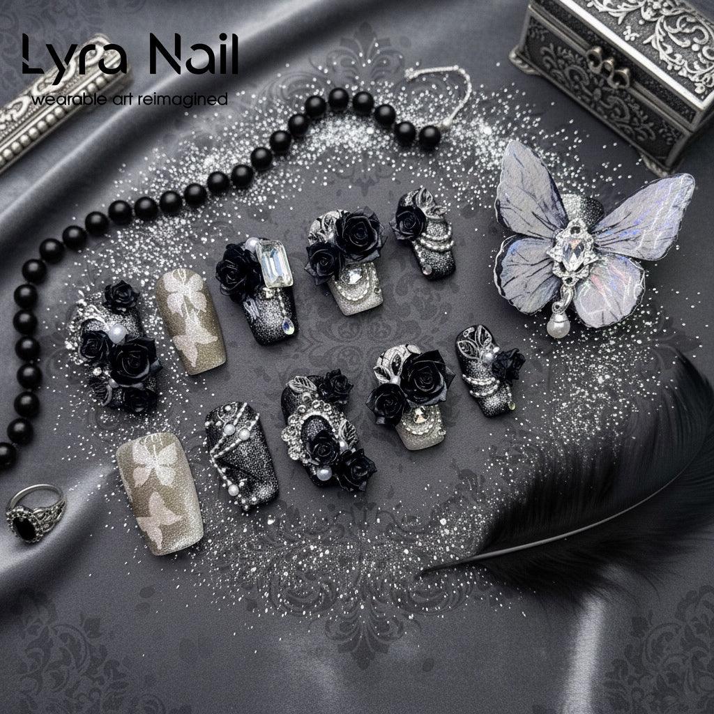 [VC-006]Black Gray Ombre Cat Eye Butterfly Press On Nails, Short Almond & Coffin Gothic Dark Style