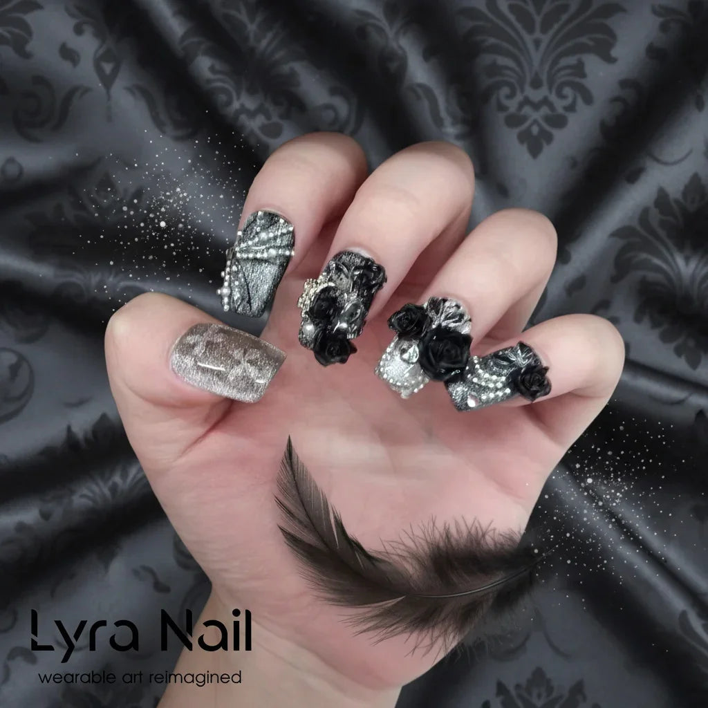 [VC-006]Black Gray Ombre Cat Eye Butterfly Press On Nails, Short Almond & Coffin Gothic Dark Style