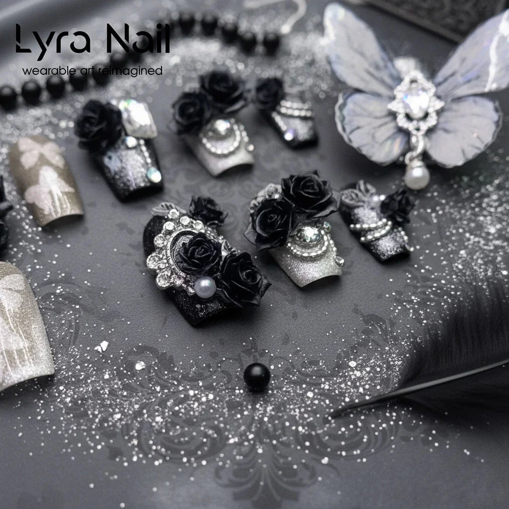 [VC-006]Black Gray Ombre Cat Eye Butterfly Press On Nails, Short Almond & Coffin Gothic Dark Style