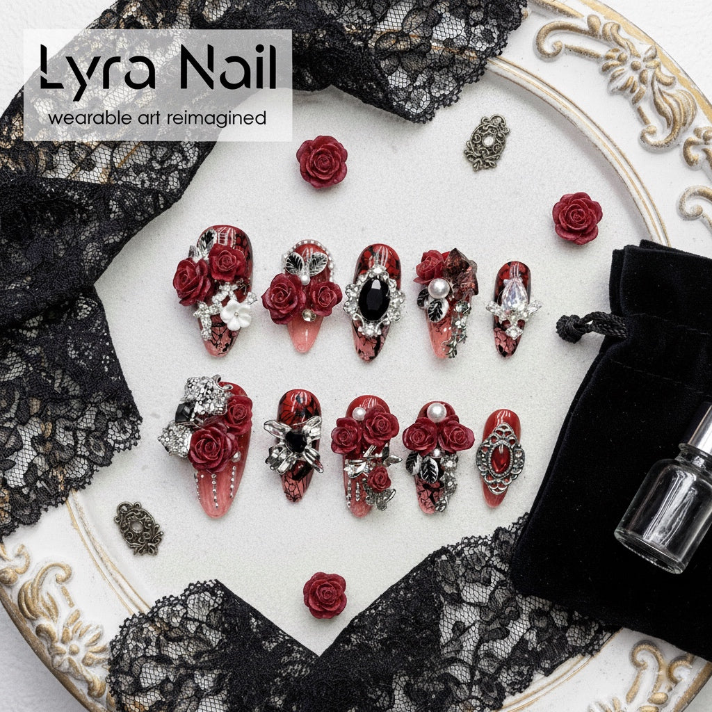 [FF-0002]Gothic Dark Red Rose Press On Nails, Short Coffin Rhinestone Luxury Summer Fake Nails