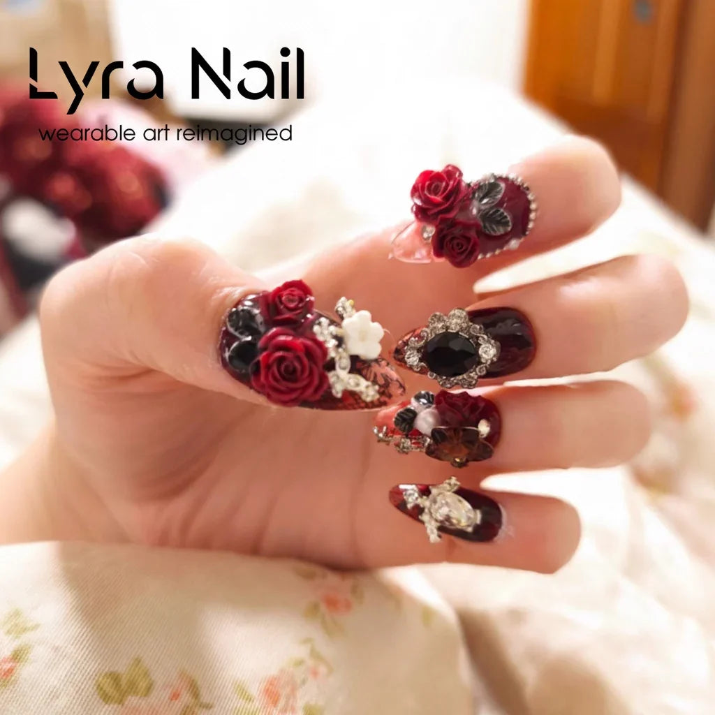 [VC-001]Gothic Dark Red Rose Press On Nails, Short Coffin Rhinestone Luxury Summer Fake Nails