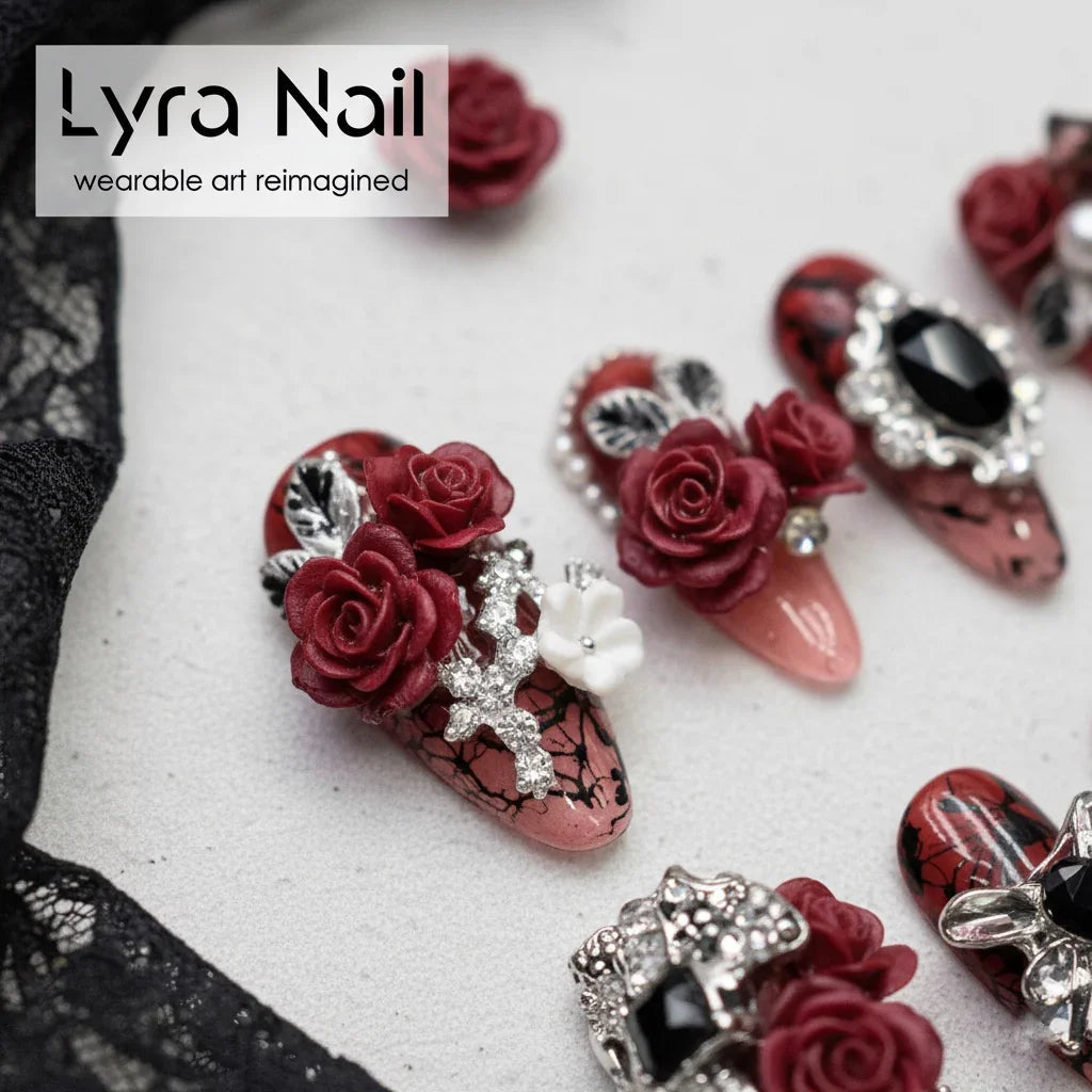 [VC-001]Gothic Dark Red Rose Press On Nails, Short Coffin Rhinestone Luxury Summer Fake Nails