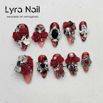 [VC-001]Gothic Dark Red Rose Press On Nails, Short Coffin Rhinestone Luxury Summer Fake Nails