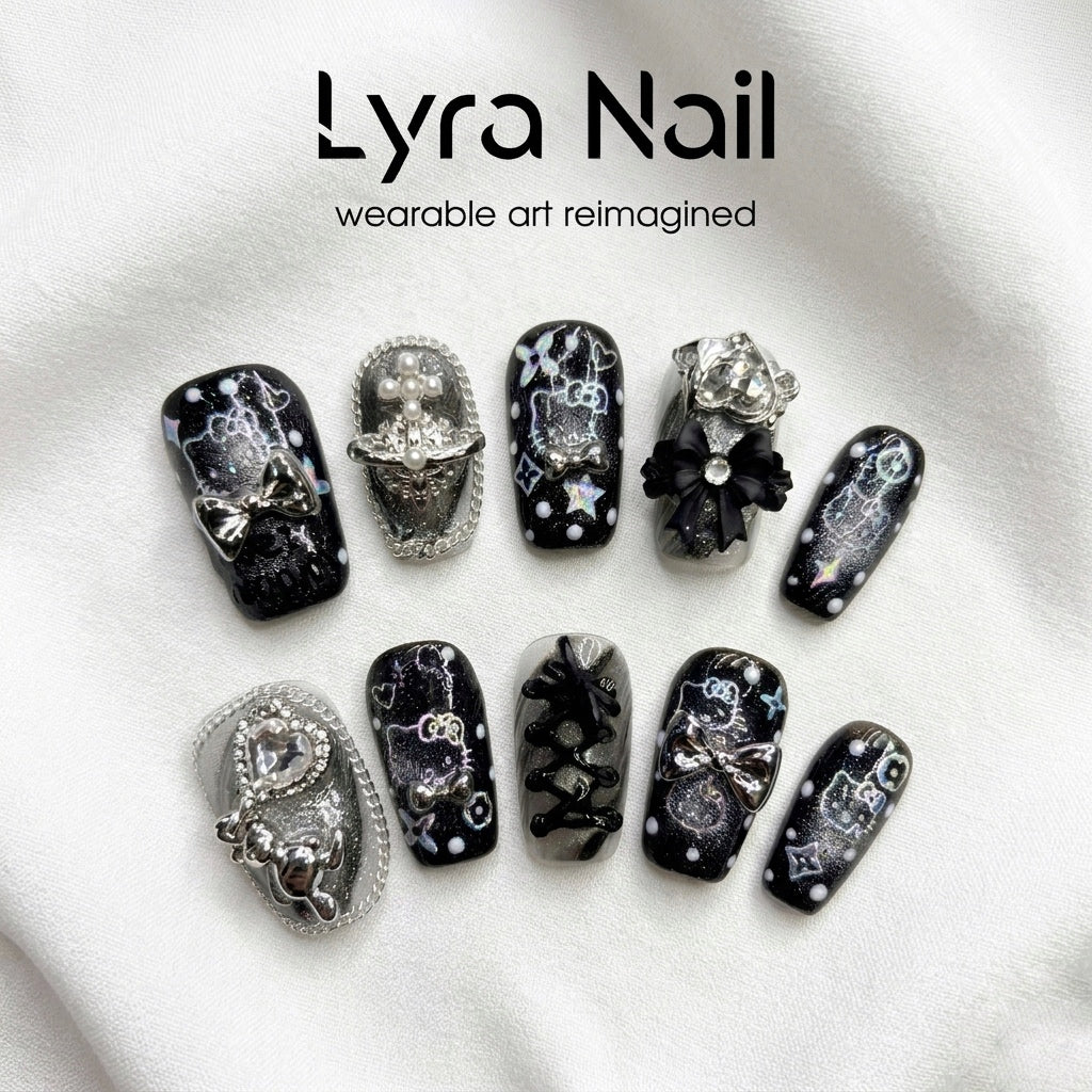 [FF-0003]Luxury Black Tassel Press On Nails, Short Almond/Coffin Cute Fake Nails