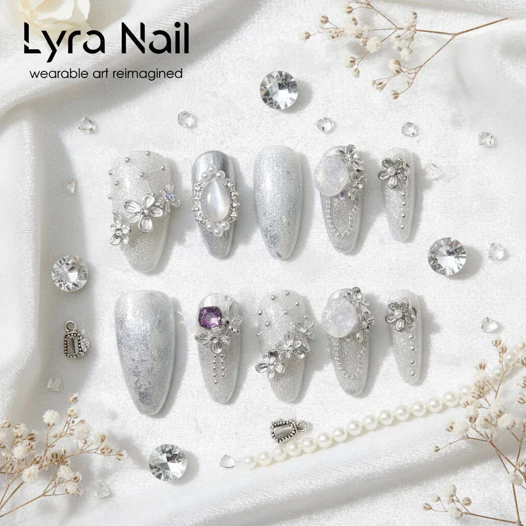 [VC-004]100% Handmade Iceberg Silver White Floral Cat Eye Press On Nails | Nude Glitter Short Almond Coffin Squoval Luxury Skin Brightening False Nails