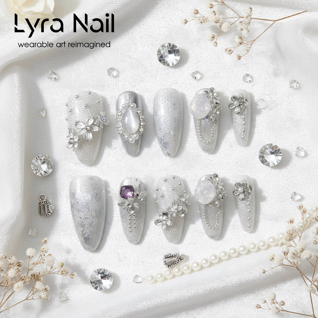 [FF-0006]100% Handmade Iceberg Silver White Floral Cat Eye Press On Nails | Nude Glitter Short Almond Coffin Squoval Luxury Skin Brightening False Nails