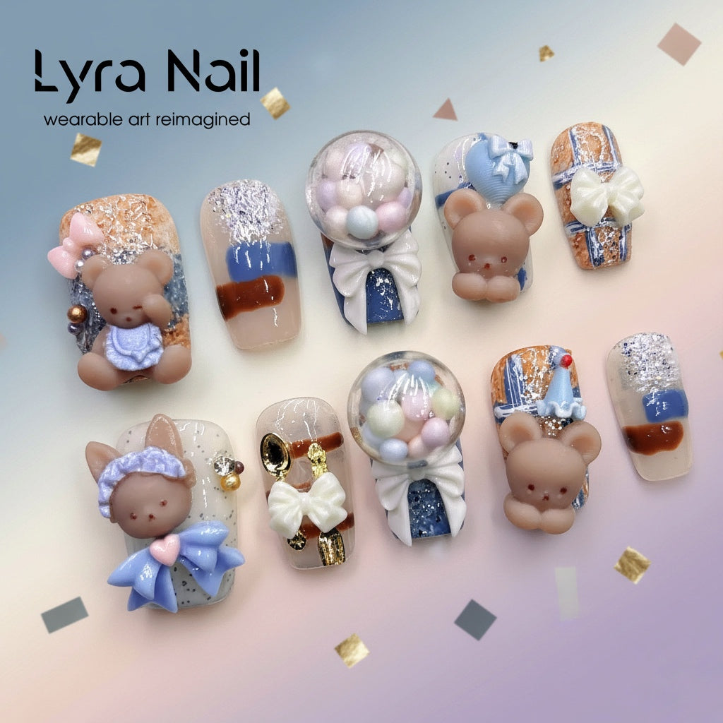 [VC-007]Cute 3D Bear Bubblegum Press-On Nails | Handcrafted Salon Quality Press On Nails