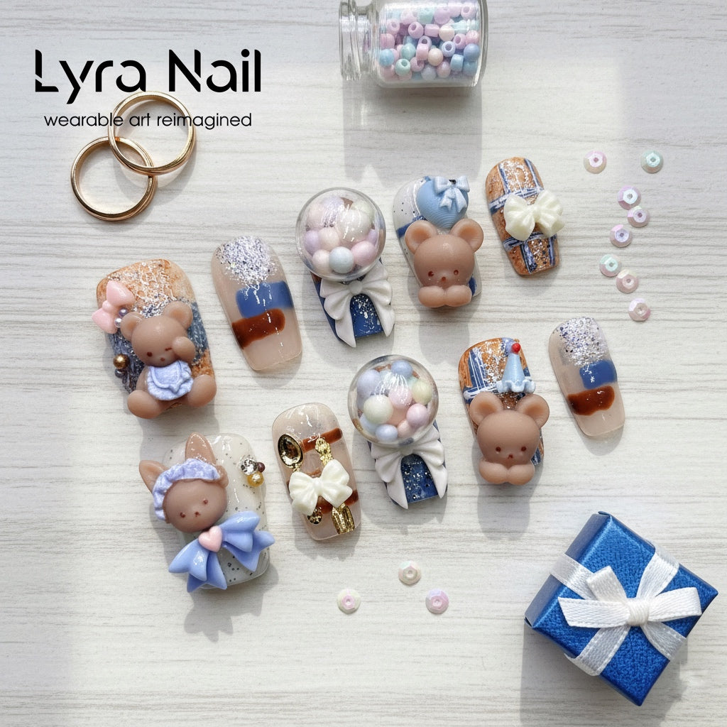 [VC-007]Cute 3D Bear Bubblegum Press-On Nails | Handcrafted Salon Quality Press On Nails