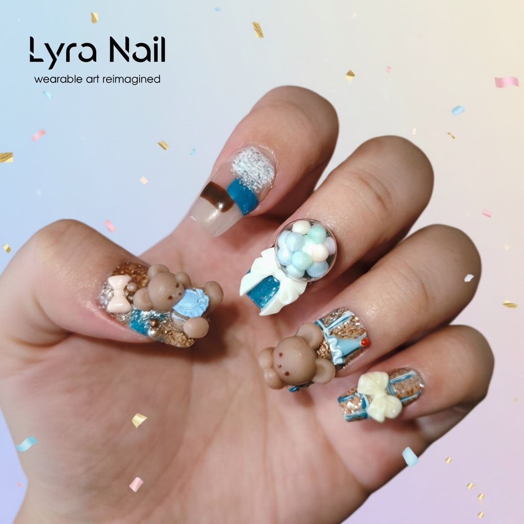[VC-007]Cute 3D Bear Bubblegum Press-On Nails | Handcrafted Salon Quality Press On Nails
