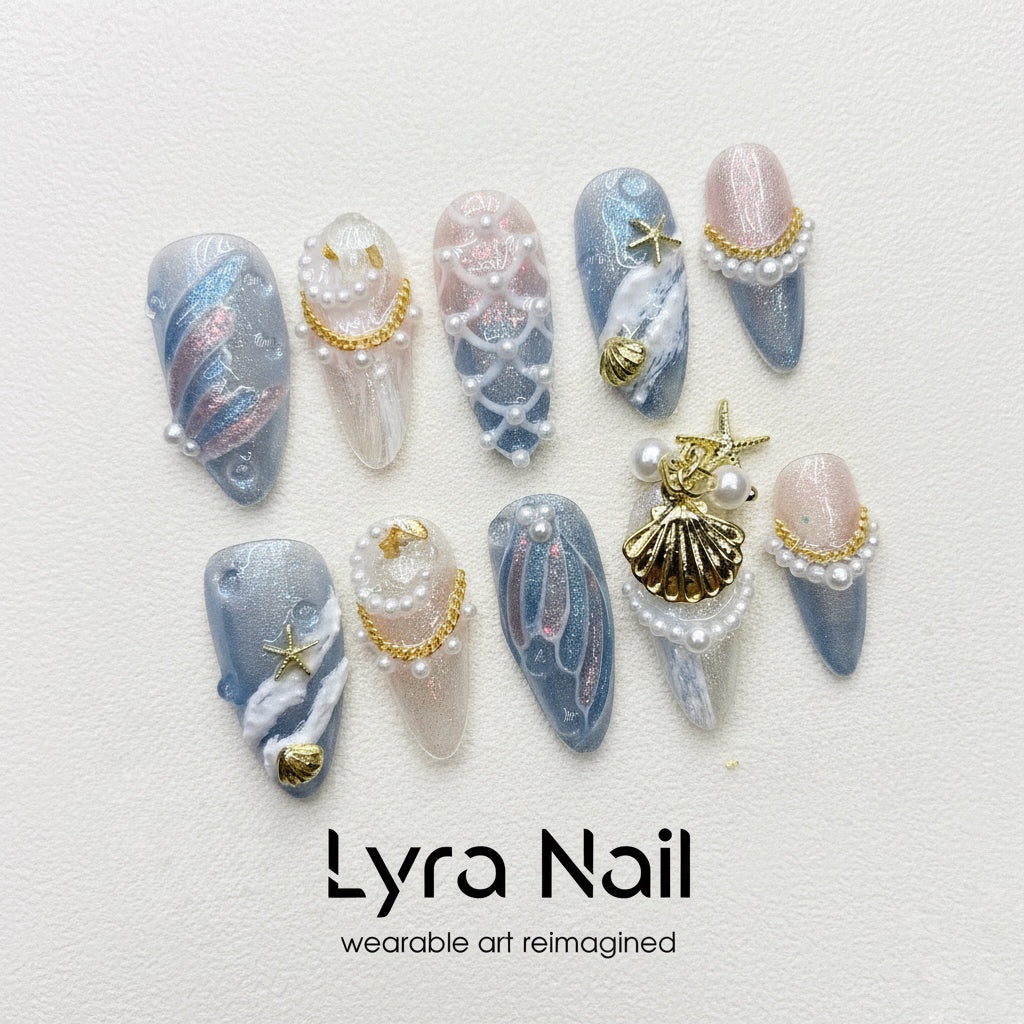 [VC-008]Mermaid Ocean 3D Press-On Nails|100% Handmade Mermaid Ocean 3D Press-On Nails | Salon Quality, 7-10 Day Shipping