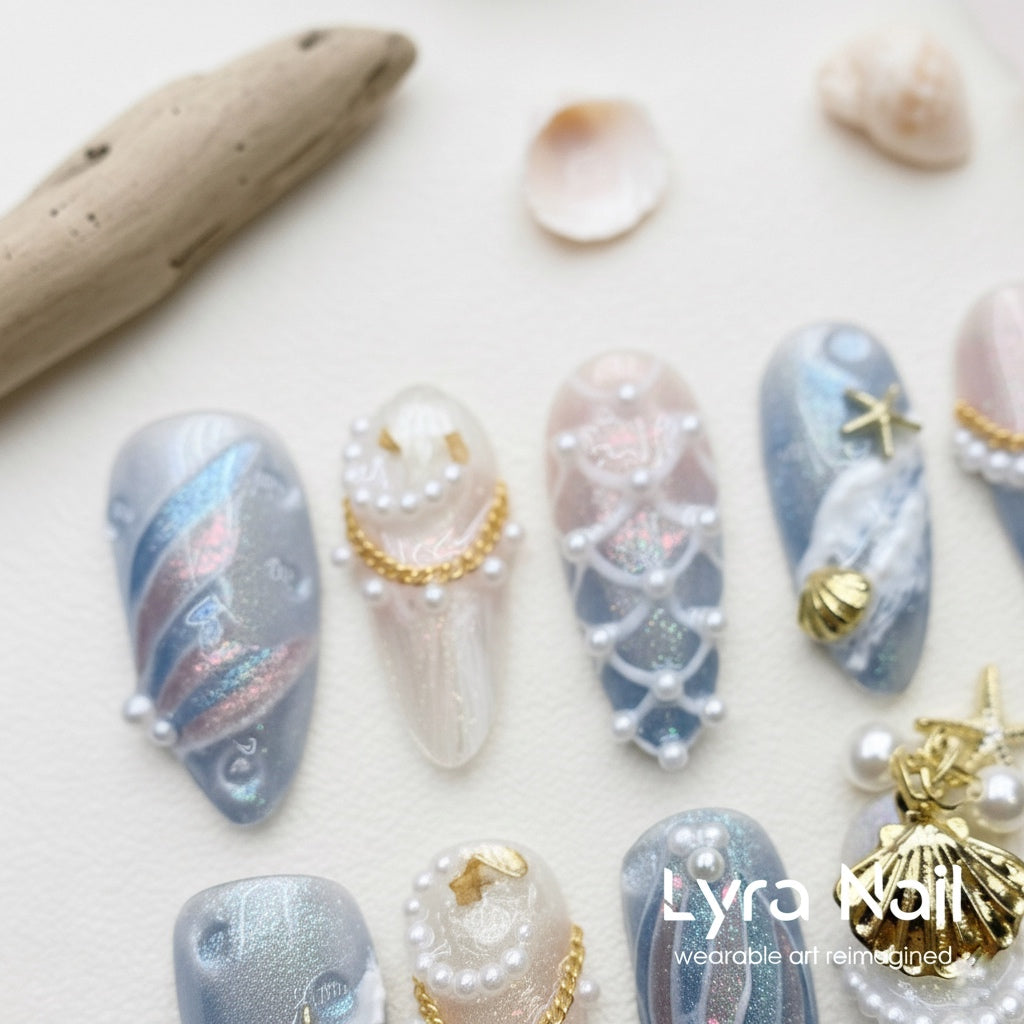 [VC-008]Mermaid Ocean 3D Press-On Nails|100% Handmade Mermaid Ocean 3D Press-On Nails | Salon Quality, 7-10 Day Shipping
