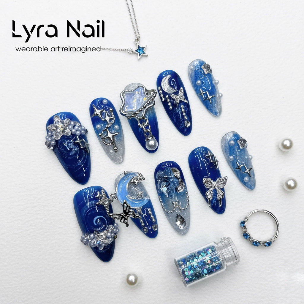 [VC-009]Starry Moon Blue Press-On Nails|100% Handmade Starry Moon Blue Press-On Nails | Salon Quality, 7-10 Day Shipping