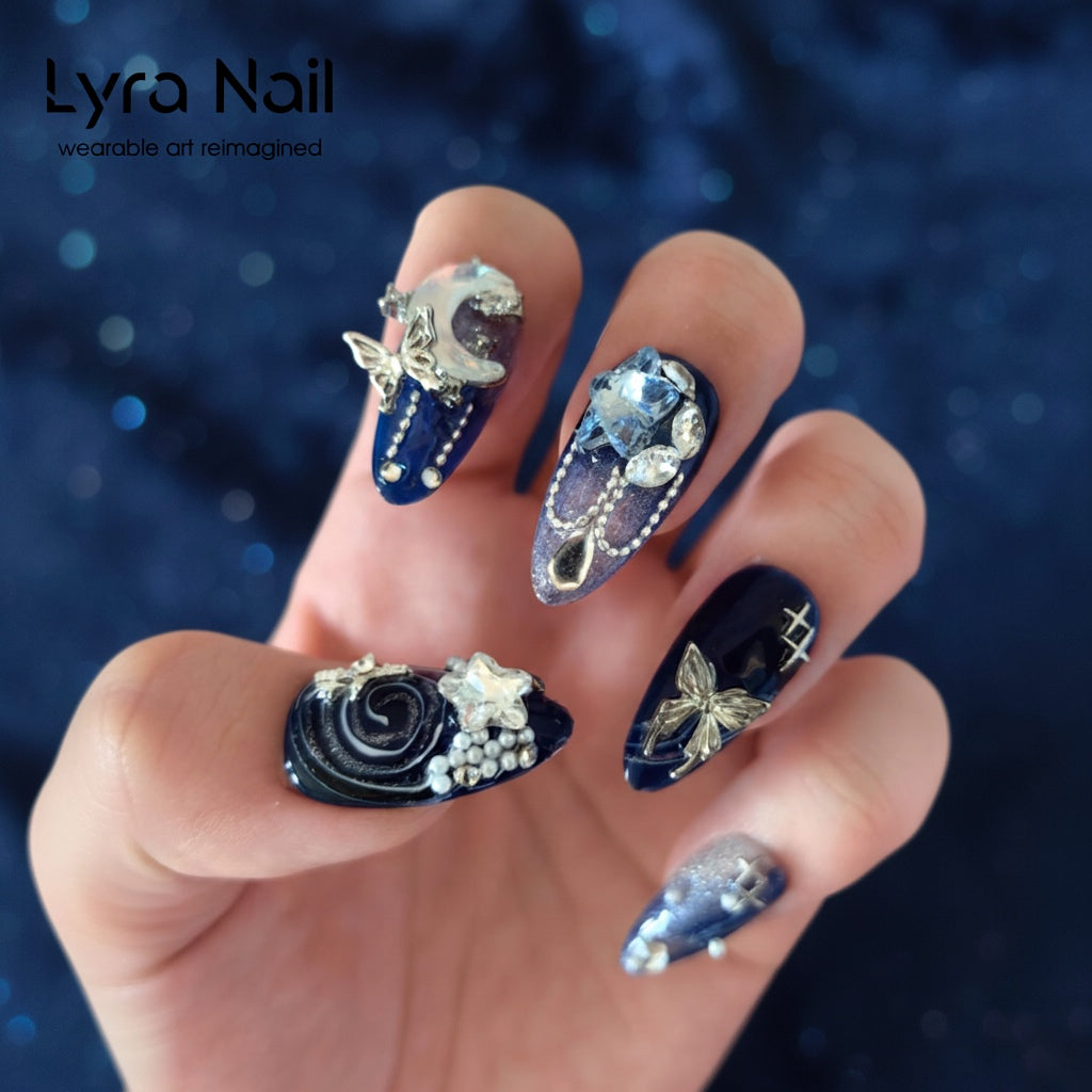 [VC-009]Starry Moon Blue Press-On Nails|100% Handmade Starry Moon Blue Press-On Nails | Salon Quality, 7-10 Day Shipping