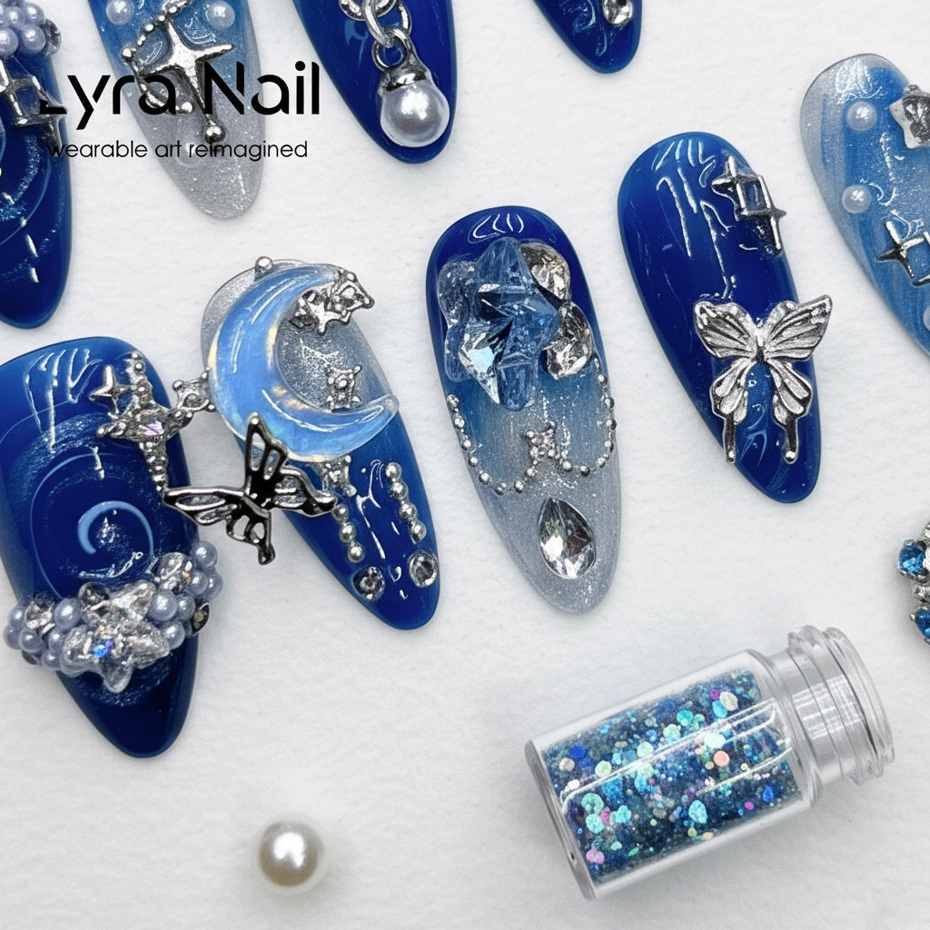[VC-009]Starry Moon Blue Press-On Nails|100% Handmade Starry Moon Blue Press-On Nails | Salon Quality, 7-10 Day Shipping