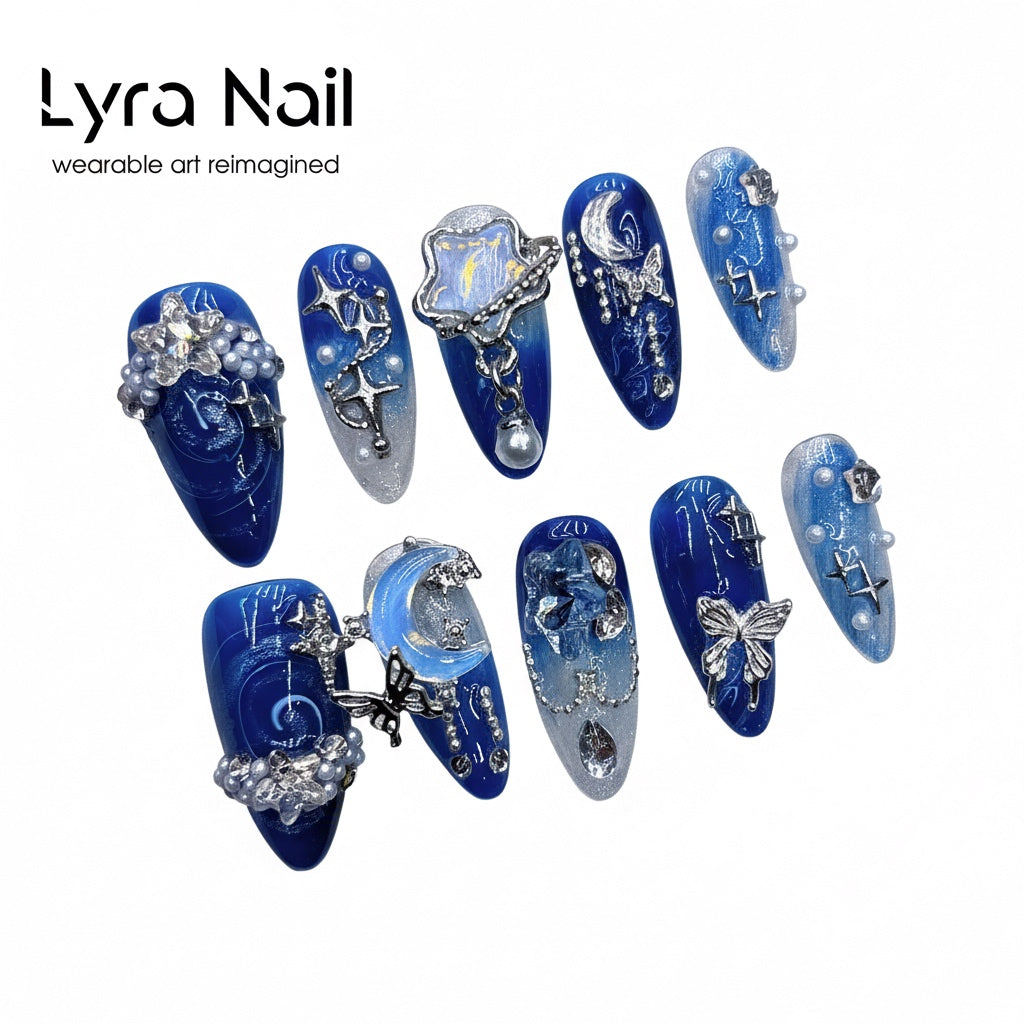 [VC-009]Starry Moon Blue Press-On Nails|100% Handmade Starry Moon Blue Press-On Nails | Salon Quality, 7-10 Day Shipping