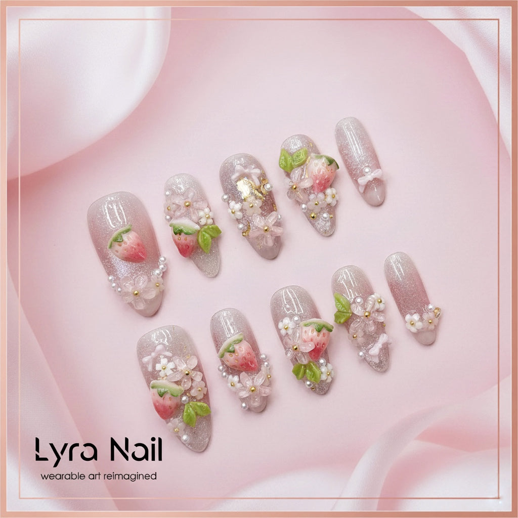 [VC-011]Sweet Strawberry Bloom Press-On Nails|100% Handmade Sweet Strawberry Bloom Press-On Nails | Salon Quality, 7-10 Day Shipping