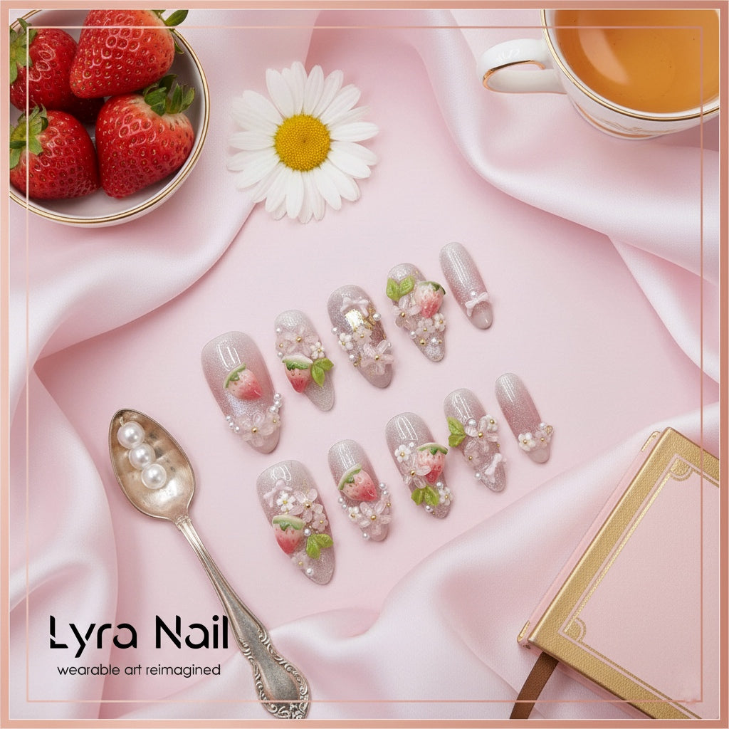 [VC-011]Sweet Strawberry Bloom Press-On Nails|100% Handmade Sweet Strawberry Bloom Press-On Nails | Salon Quality, 7-10 Day Shipping