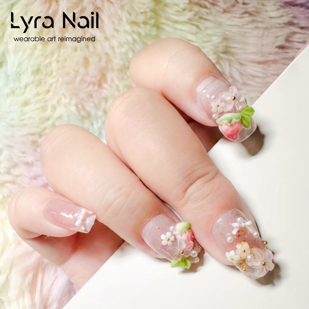 [VC-011]Sweet Strawberry Bloom Press-On Nails|100% Handmade Sweet Strawberry Bloom Press-On Nails | Salon Quality, 7-10 Day Shipping