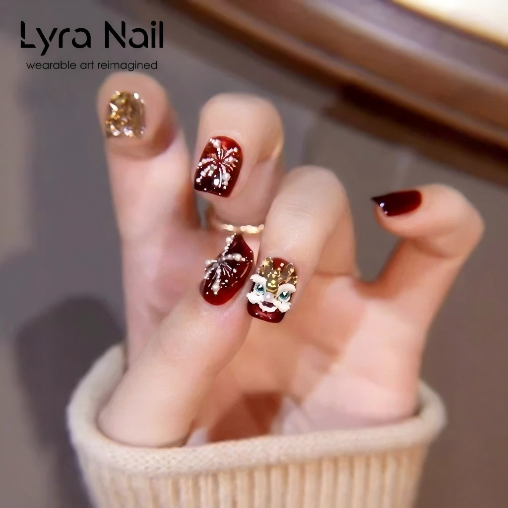 [CC-004]Lucky Red CNY Lion Dance Fireworks Detachable Nails