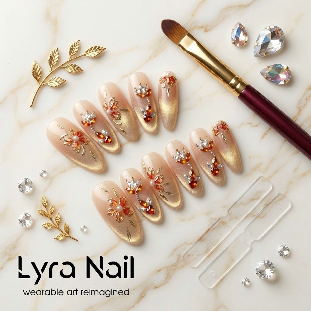 [CC-018]Luxe Gold Cat Eye Press On Nails| Long Almond Nude Nails with Red Gem Accents| Handmade Sparkling Diamond Almond Fake Nails|Reusable Acrylic Nail Patches for Elegant Occasions