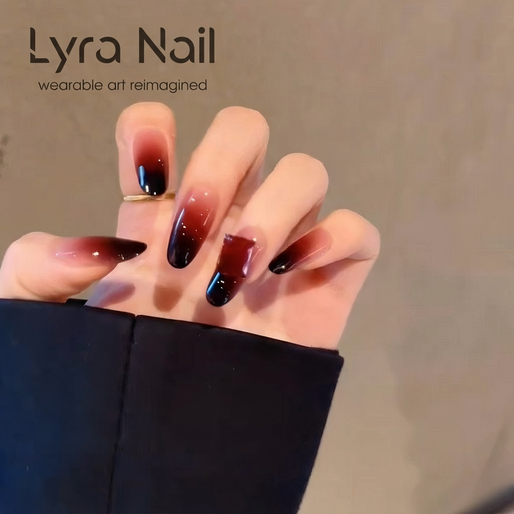 [CC-012]Gothic Red-Black Ombre Press-On Nails | Almond Shape Gradient Fake Nails with Glitter|Reusable Acrylic Nail Art for Edgy Style|Salon-Quality Manicure for Daily & Party Wear