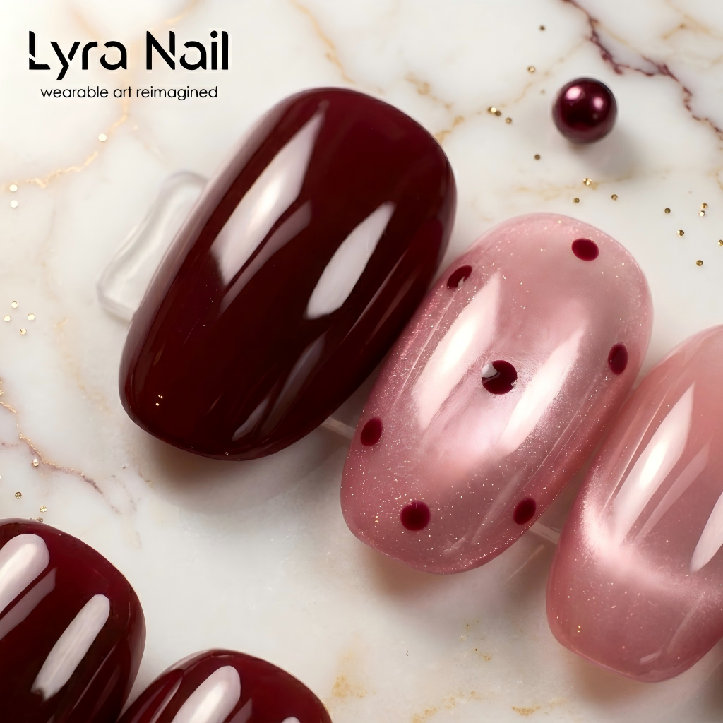 [CC-017]Reusable Cat Eye Press On Nails| Brown & Pink Glossy Fake Nails with Dots