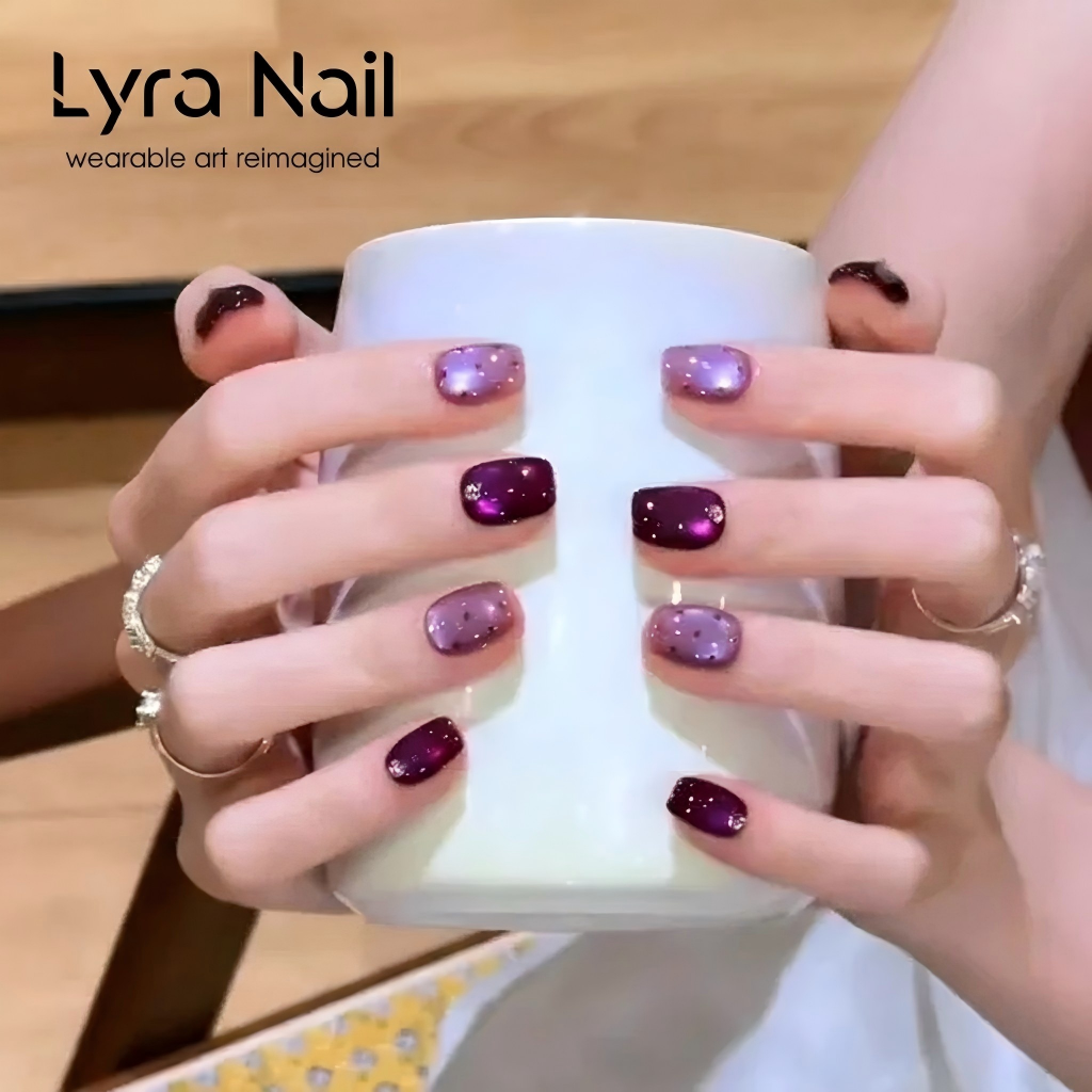 [CC-019]2026 New Arrival Short Purple Glass Bead Cat Eye Press On Nails| Handmade Reusable Glue-On Nail Tips| Luxury Glass Cat Eye Artificial Nails for Women