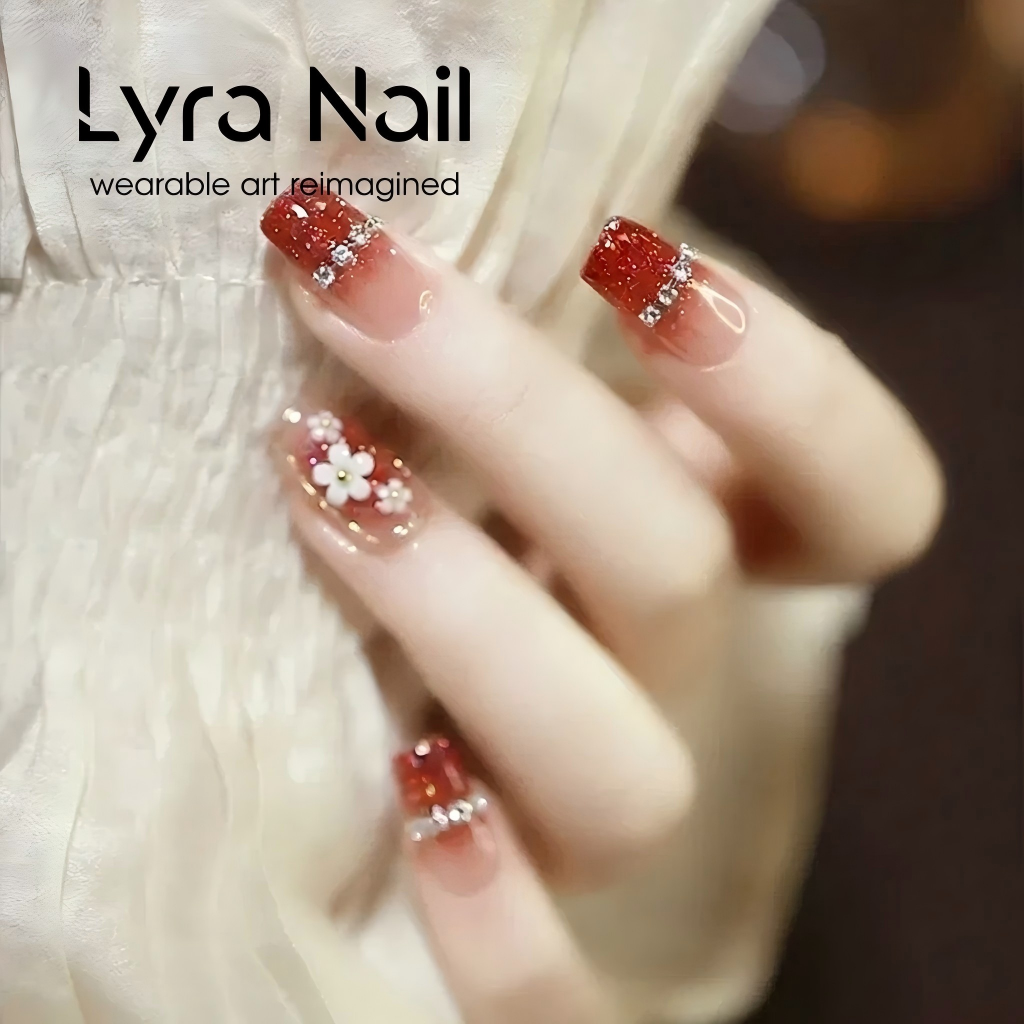 [CC-016]Handmade Press On Nails, Fall Winter Medium Long Red French Tip Fake Nails with Glitter Rhinestone & 3D Flower|Reusable Acrylic Nail Patches|Skin Brightening Luxury Manicure for Daily & Party Wear