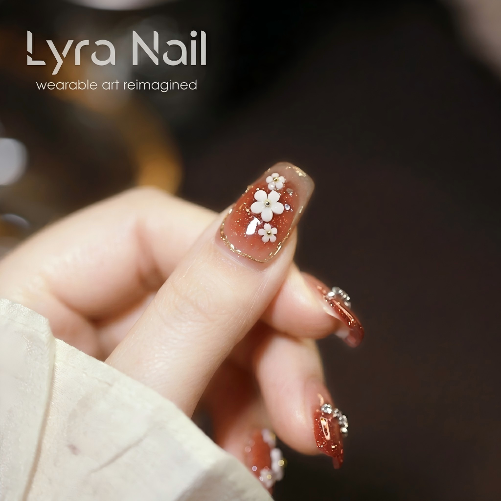 [CC-016]Handmade Press On Nails, Fall Winter Medium Long Red French Tip Fake Nails with Glitter Rhinestone & 3D Flower|Reusable Acrylic Nail Patches|Skin Brightening Luxury Manicure for Daily & Party Wear