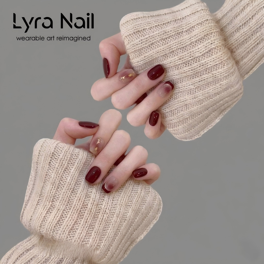 [CC-014]Burgundy Red Ombre Press On Nails|Short Squoval Fake Nails with Gold Foil|Reusable Acrylic Nail Patches for Fall Winter|Skin Brightening Salon Manicure for Daily & Party Wear