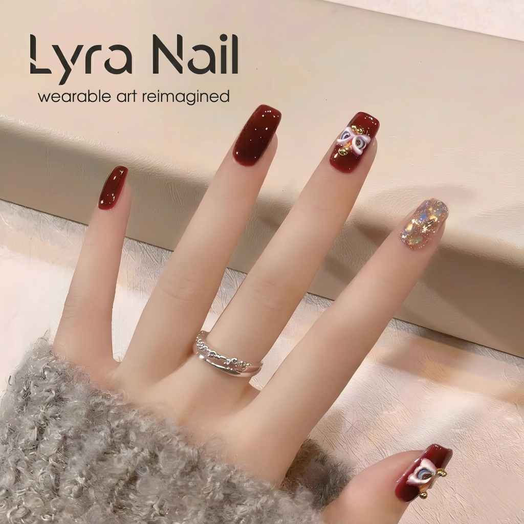 [CC-005]2026 New Handmade Lion Dance Red Chinese New Year Press On Nails | Luxury Traditional Chinese Style Removable Reusable False Nails
