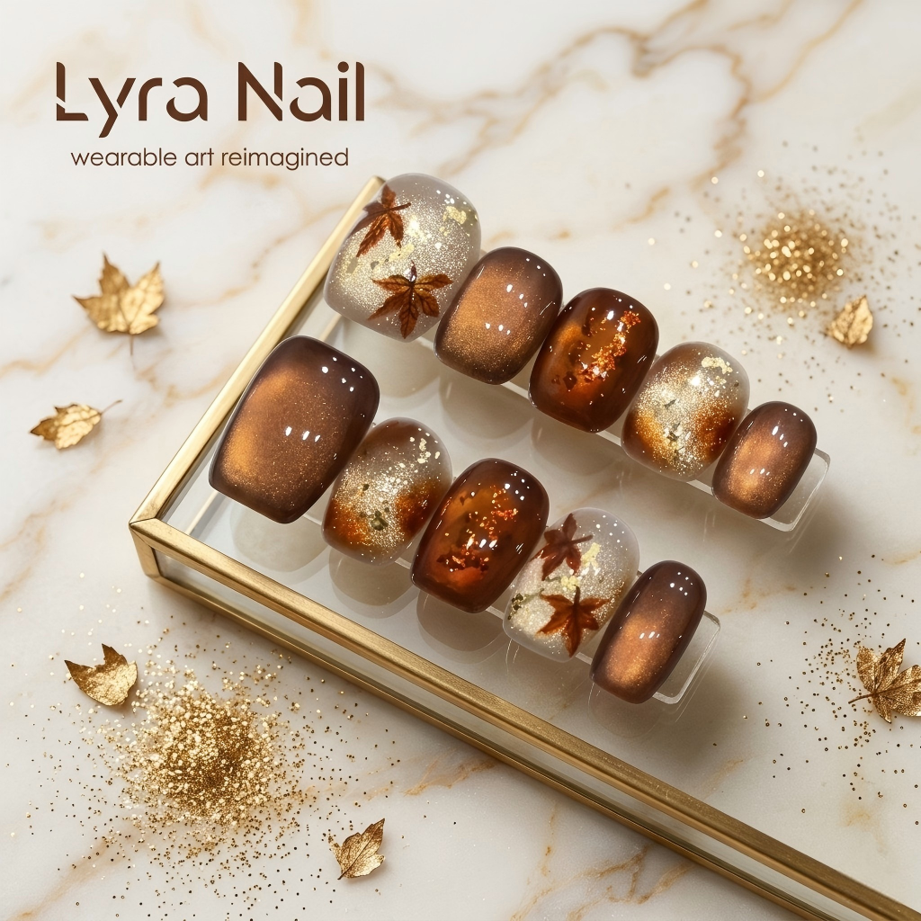 [CC-011]Handmade Fall Maple Leaf Cat Eye Press-On Nails | Luxury Caramel Ombre Glass Bead Nails| Reusable Autumn Wearable Art for Daily & Holiday
