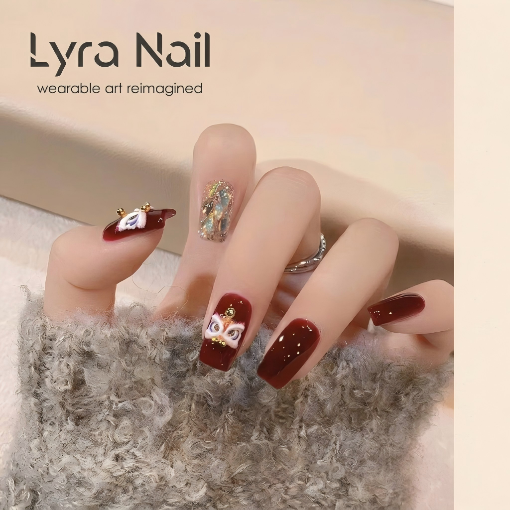 [CC-005]2026 New Handmade Lion Dance Red Chinese New Year Press On Nails | Luxury Traditional Chinese Style Removable Reusable False Nails