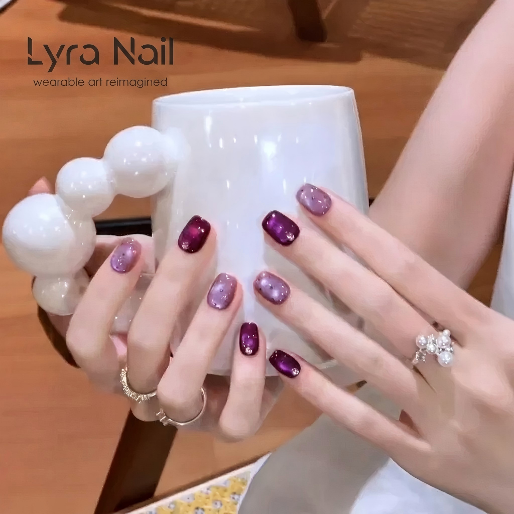 [CC-019]2026 New Arrival Short Purple Glass Bead Cat Eye Press On Nails| Handmade Reusable Glue-On Nail Tips| Luxury Glass Cat Eye Artificial Nails for Women