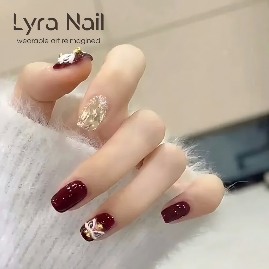 [CC-005]2026 New Handmade Lion Dance Red Chinese New Year Press On Nails | Luxury Traditional Chinese Style Removable Reusable False Nails
