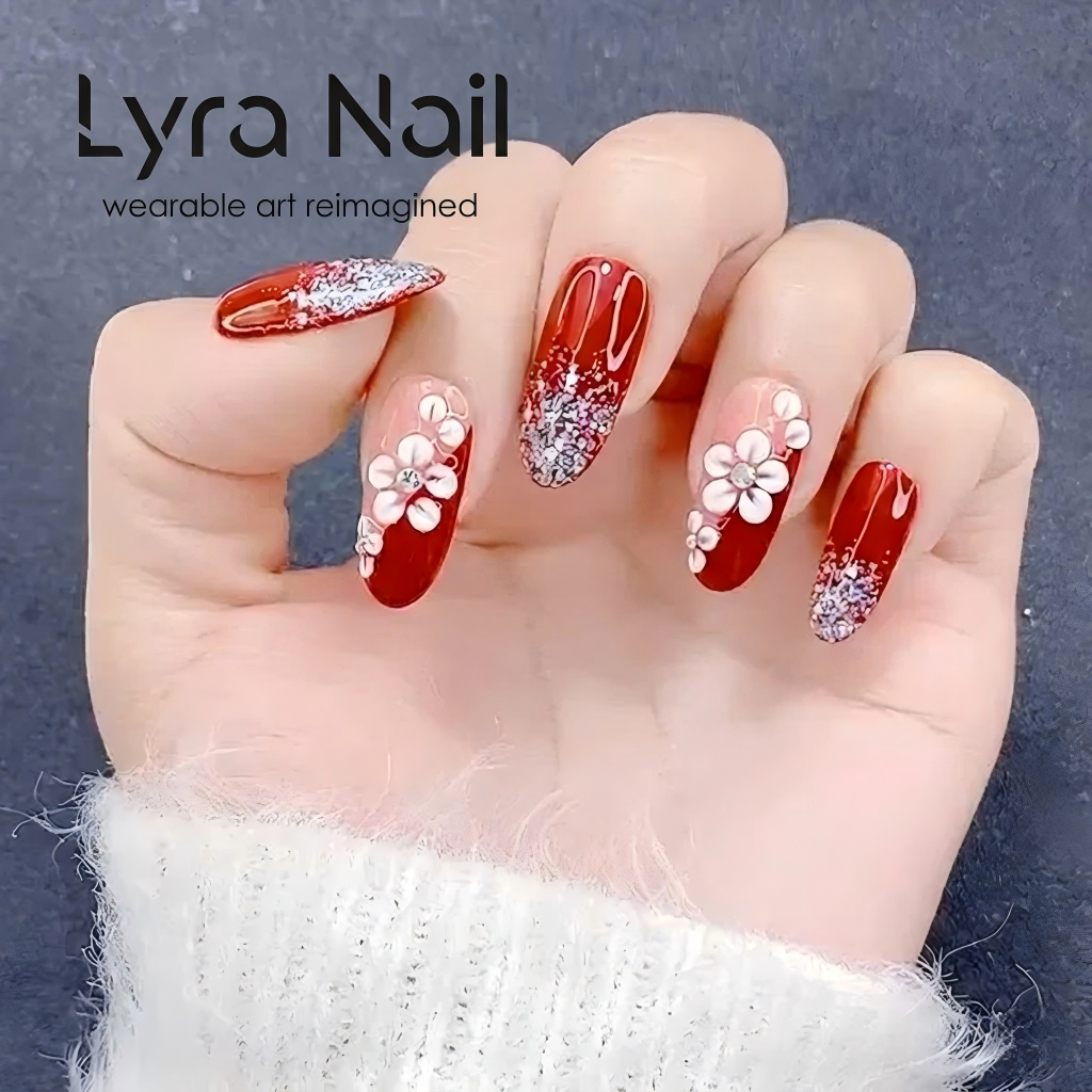 [CC-010]Luxury Red 3D Floral Glitter Almond Press-On Nails | Handmade Reusable Fake Nails with Rhinestones | Glamorous Manicure for Weddings, Holidays & Special Occasions