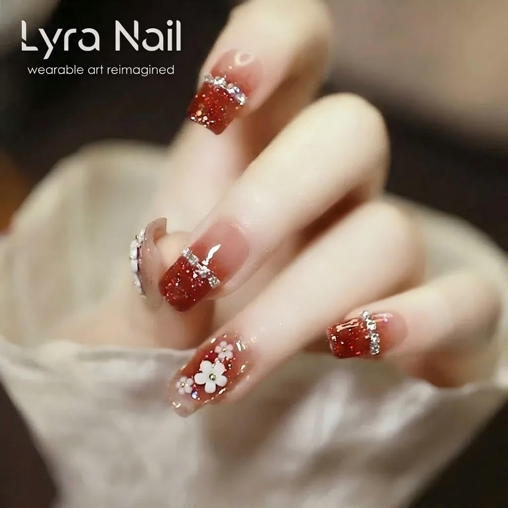 [CC-016]Handmade Press On Nails, Fall Winter Medium Long Red French Tip Fake Nails with Glitter Rhinestone & 3D Flower|Reusable Acrylic Nail Patches|Skin Brightening Luxury Manicure for Daily & Party Wear