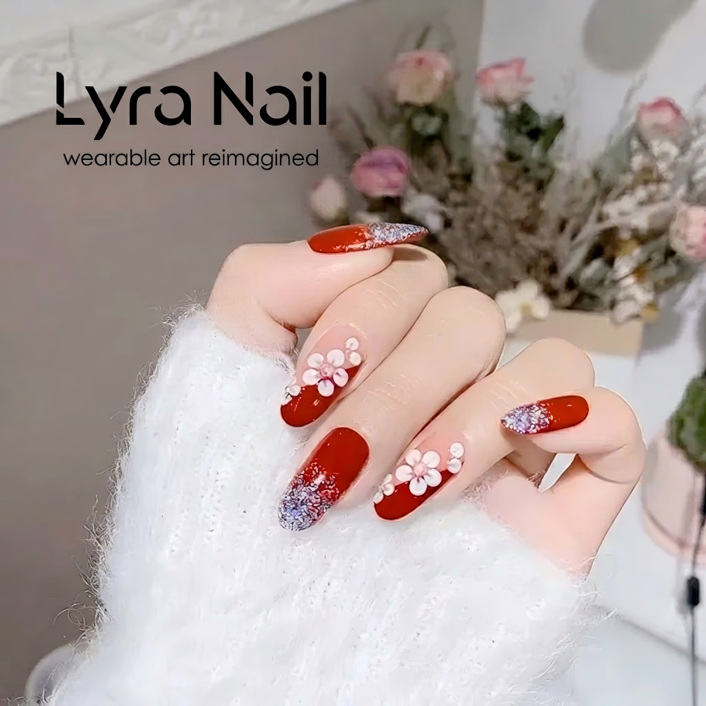[CC-010]Luxury Red 3D Floral Glitter Almond Press-On Nails | Handmade Reusable Fake Nails with Rhinestones | Glamorous Manicure for Weddings, Holidays & Special Occasions