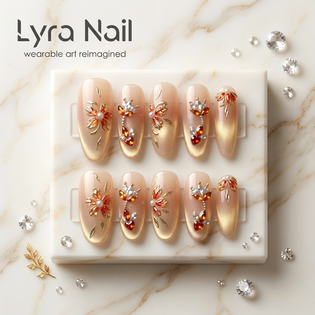[CC-018]Luxe Gold Cat Eye Press On Nails| Long Almond Nude Nails with Red Gem Accents| Handmade Sparkling Diamond Almond Fake Nails|Reusable Acrylic Nail Patches for Elegant Occasions
