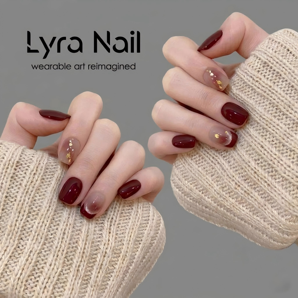 [CC-014]Burgundy Red Ombre Press On Nails|Short Squoval Fake Nails with Gold Foil|Reusable Acrylic Nail Patches for Fall Winter|Skin Brightening Salon Manicure for Daily & Party Wear