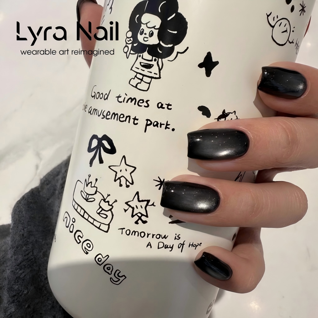 [CC-013]Luxury Black Cat Eye Press On Nails| Short Square Glitter Magnetic Nail Patches|Reusable Acrylic Fake Nails for Fall Winter|Salon-Quality Detachable Manicure